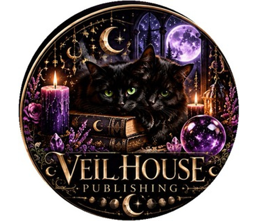 Veil House Publishing artwork: a black cat among purple candles, magical books, golden moons, and stars